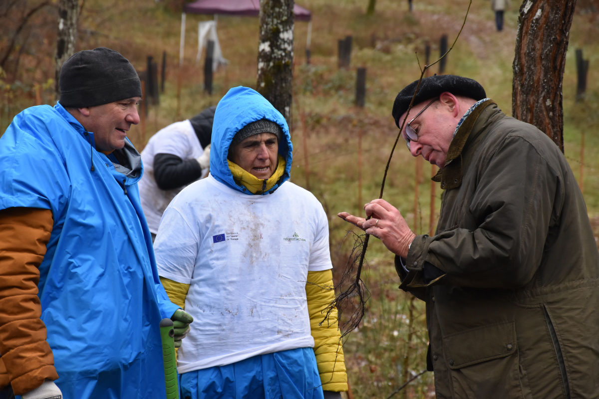 Le propriétaire du domaine explique à deux citoyens comment planter un arbre